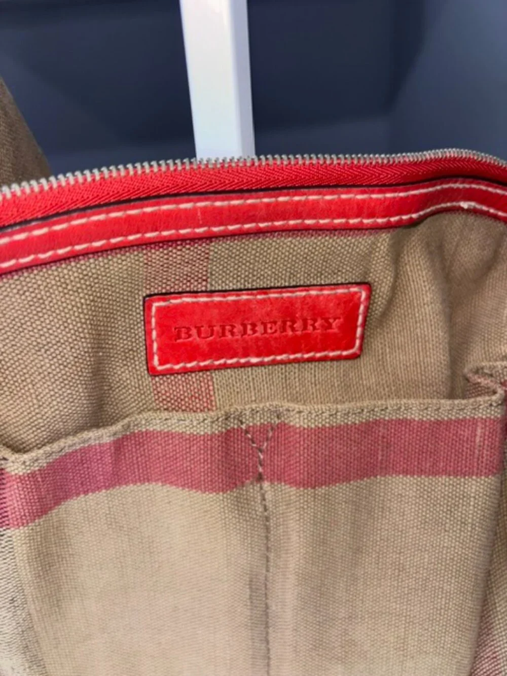 Burberry Ashby Check Canvas Bucket Bag Red Leather SHW + Pouch & Strap
